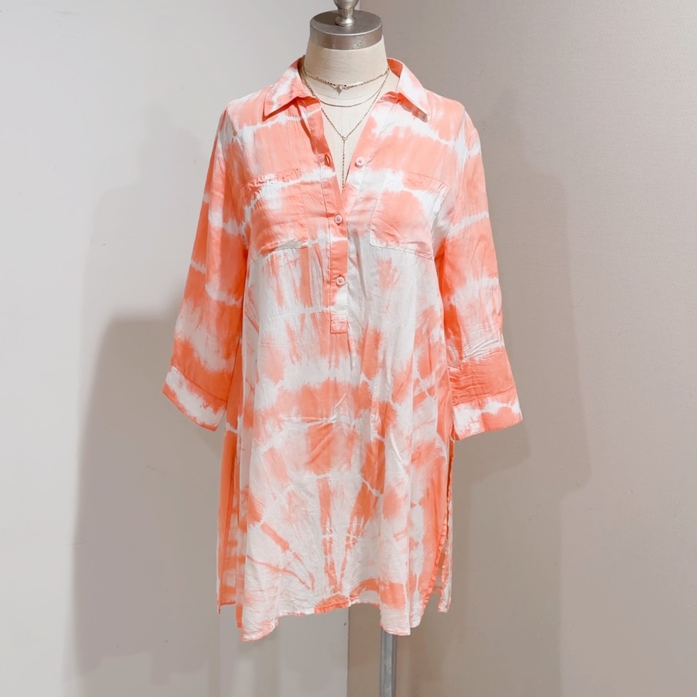 Chicos Peach Tie-dye Button-front Cover-Up Tunic Top Size 0 US Small - Picture 4 of 8